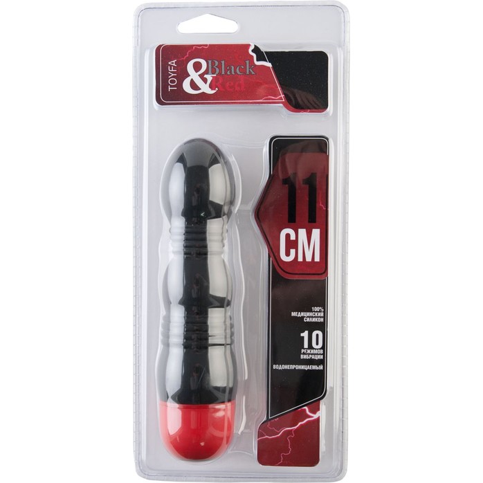 Чёрный вибратор с рельефным тельцем - 11,4 см - Black Red. Фотография 2.