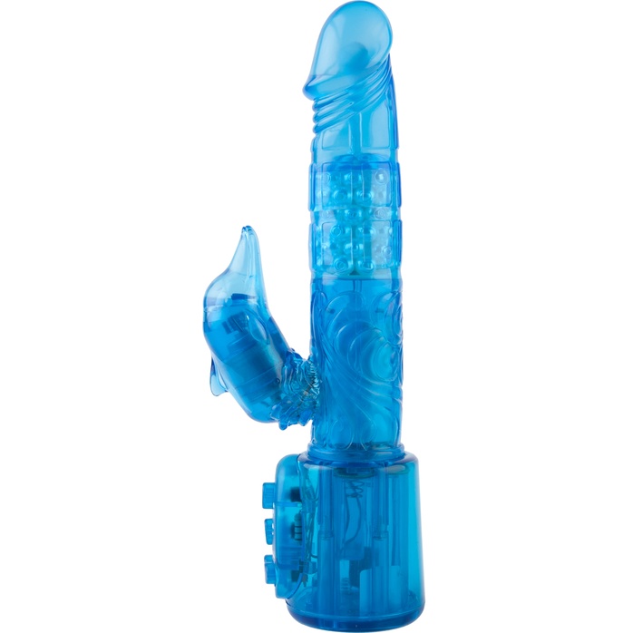 Синий вибратор с клиторальным стимулятором-дельфином - 17,8 см