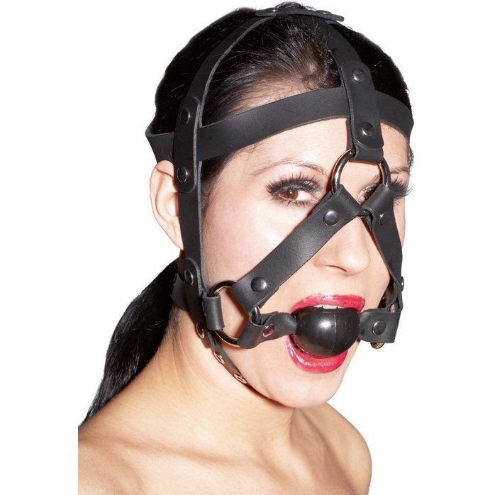 Черная маска из кожи с кляпом в форме шарика - Zado
