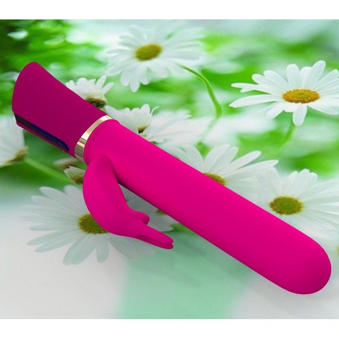 Ярко-розовый вибратор с клиторальным зайчиком - 29 см. Фотография 2.
