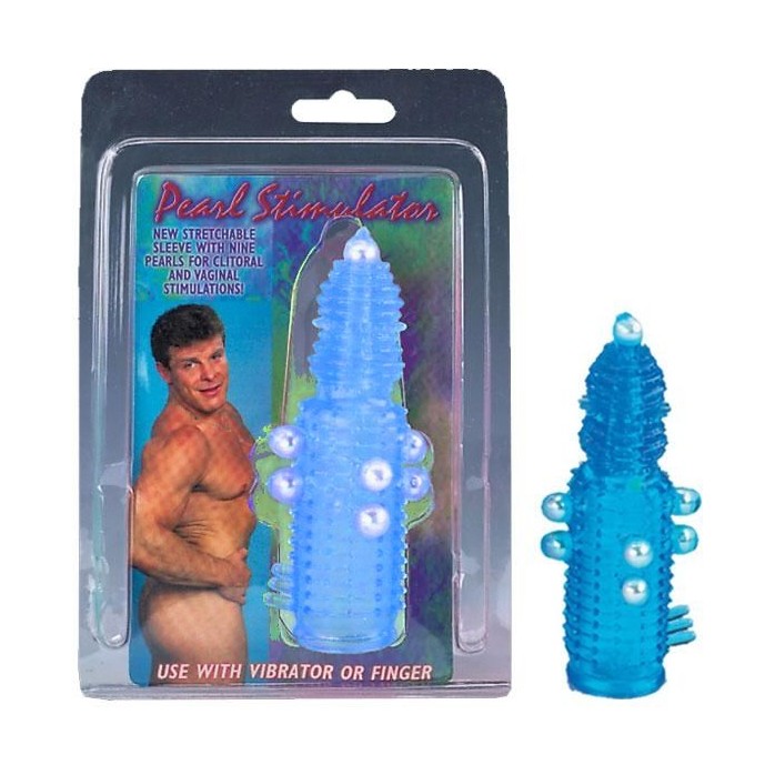 Голубая эластичная насадка на пенис с жемчужинами, точками и шипами Pearl Stimulator - 11,5 см. Фотография 3.