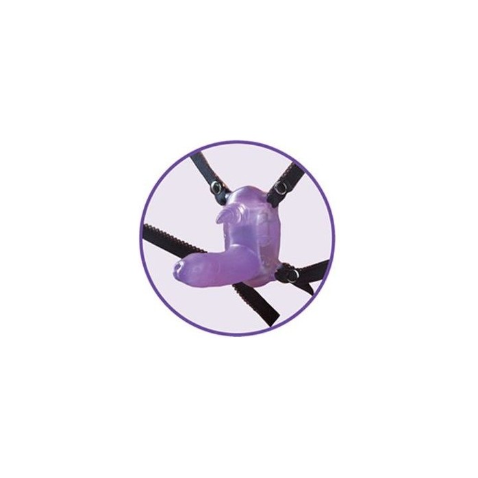 Фиолетовый вибростимулятор в виде рога носорога на регулируемых трусиках и с пультом ДУ. Фотография 3.