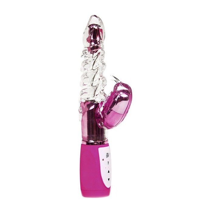 Прозрачный вибромассажёр с розовым клиторальным стимулятором и вращающейся головкой LUXE HUGS AND KISSES - 26 см - Luxe