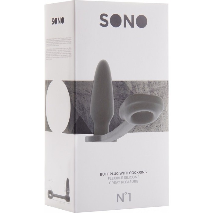 Серая анальная пробка-конус с эрекционным кольцом SONO №1 - 7,4 см - Sono. Фотография 2.