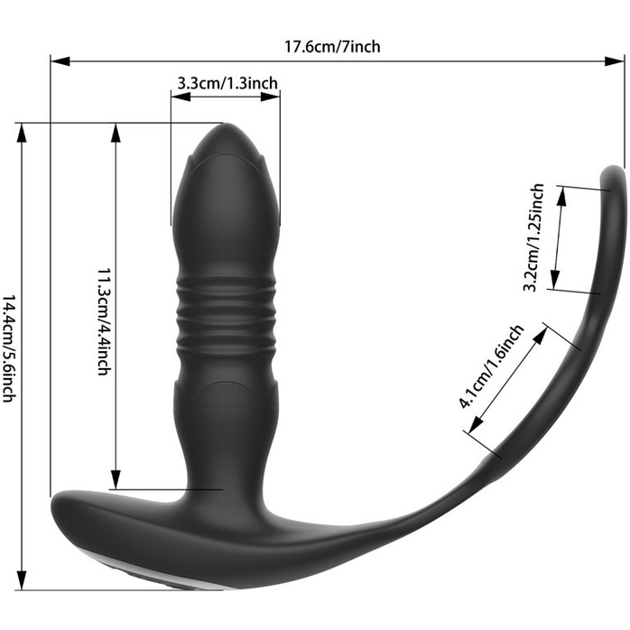 Черный анальный вибромассажёр с возвратно-поступательными движениями и кольцами для фиксации. Фотография 3.