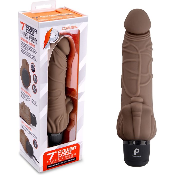Коричневый вибратор с клиторальным выступом 7 Realistic Vibrator - 21,5 см. Фотография 6.