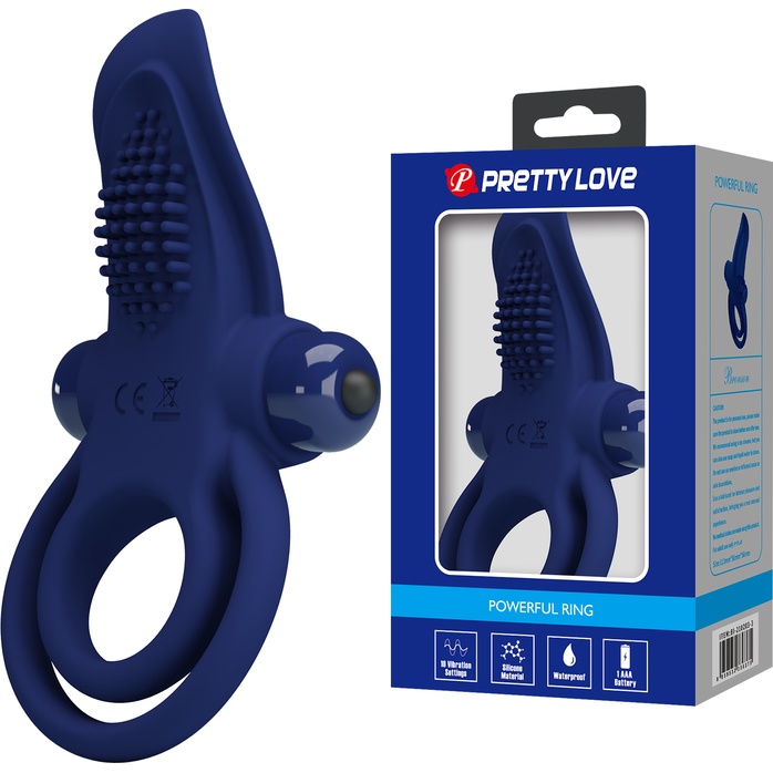 Синее силиконовое эрекционное кольцо с вибрацией и подхватом мошонки - Pretty Love. Фотография 2.