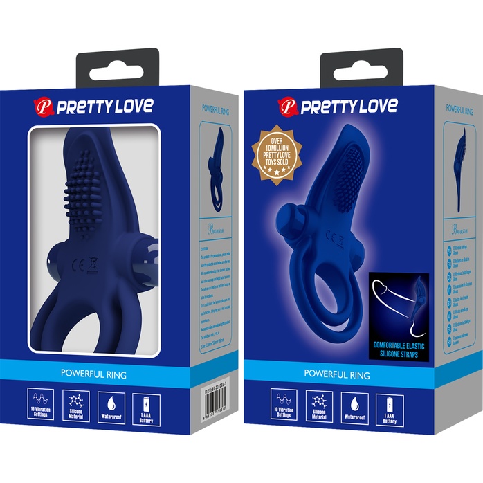 Синее силиконовое эрекционное кольцо с вибрацией и подхватом мошонки - Pretty Love. Фотография 9.