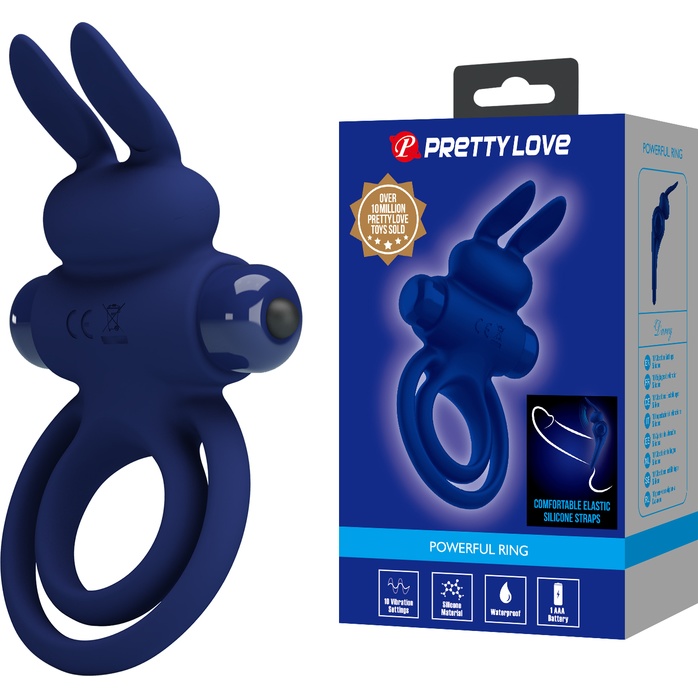 Синее эрекционное кольцо с вибростимуляцией клитора Powerful Ring - Pretty Love. Фотография 2.