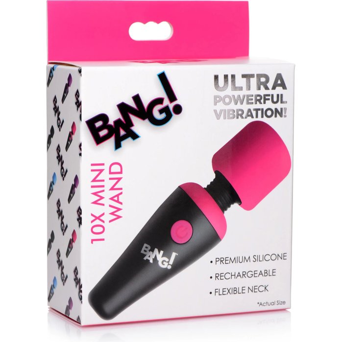 Розово-черный мини-вибромассажер 10X Vibrating Mini Silicone Wand - Bang!. Фотография 3.