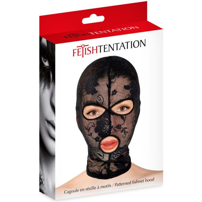 Черная кружевная маска на голову с отверстиями для глаз и рта. Фотография 2.