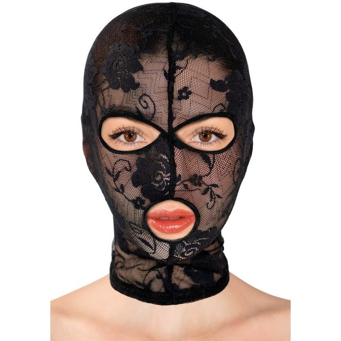 Черная кружевная маска на голову с отверстиями для глаз и рта