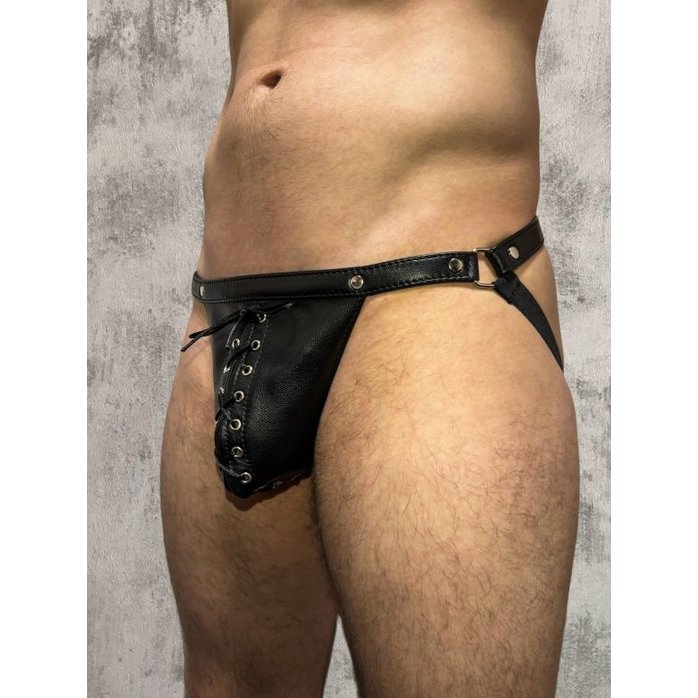 Кожаные мужские трусы-джоки со шнуровкой. Фотография 2.