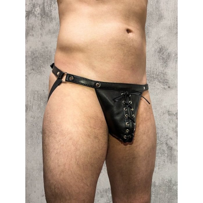 Кожаные мужские трусы-джоки со шнуровкой. Фотография 3.