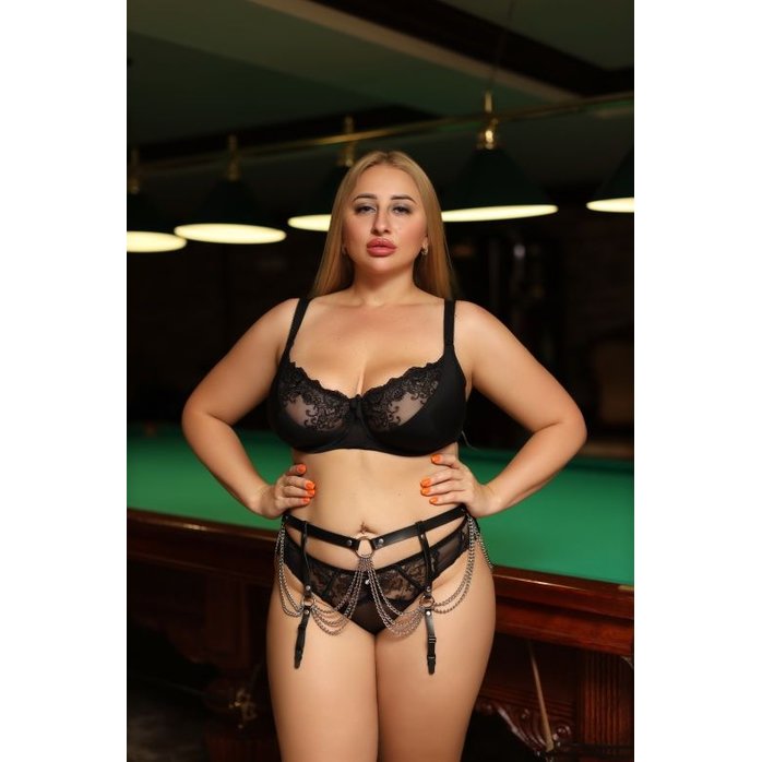 Черно-серебристый пояс для чулок plus size с цепочками. Фотография 3.