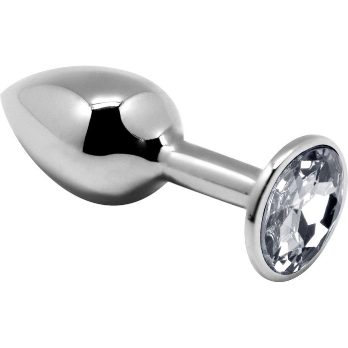 Серебристая анальная втулка с прозрачным кристаллом Mini Metal Butt Plug Size M - 8 см