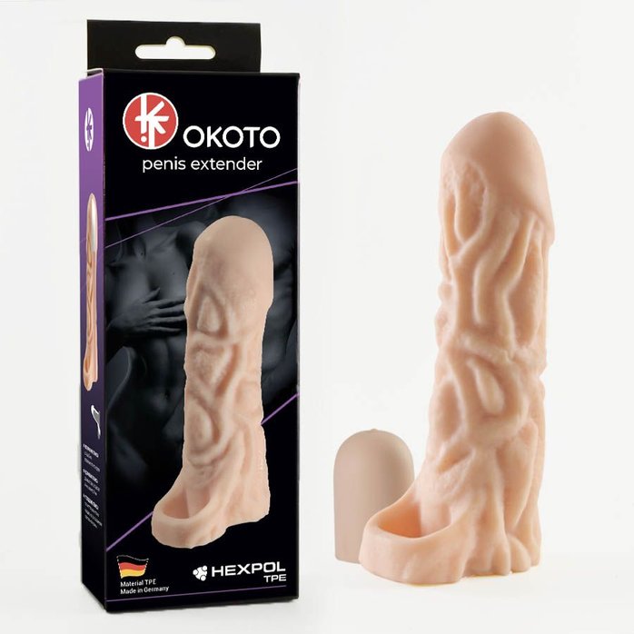 Телесная насадка-удлинитель Okoto с богатым рельефом поверхности - 16 см. Фотография 3.