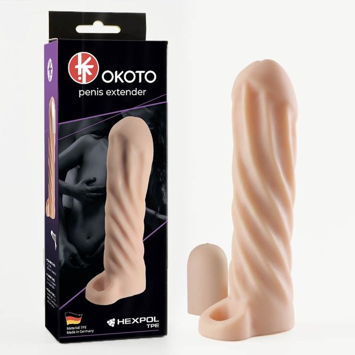 Телесная насадка-удлинитель Okoto со спиралевидным рельефом - 16 см. Фотография 2.