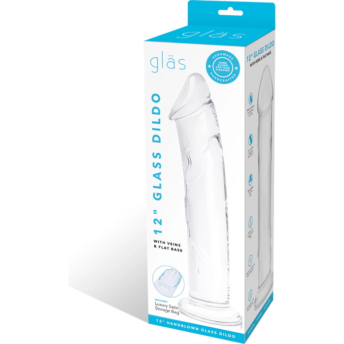 Большой стеклянный стимулятор 12’’ Glass Dildo With Veins Flat Base - 28 см. Фотография 7.