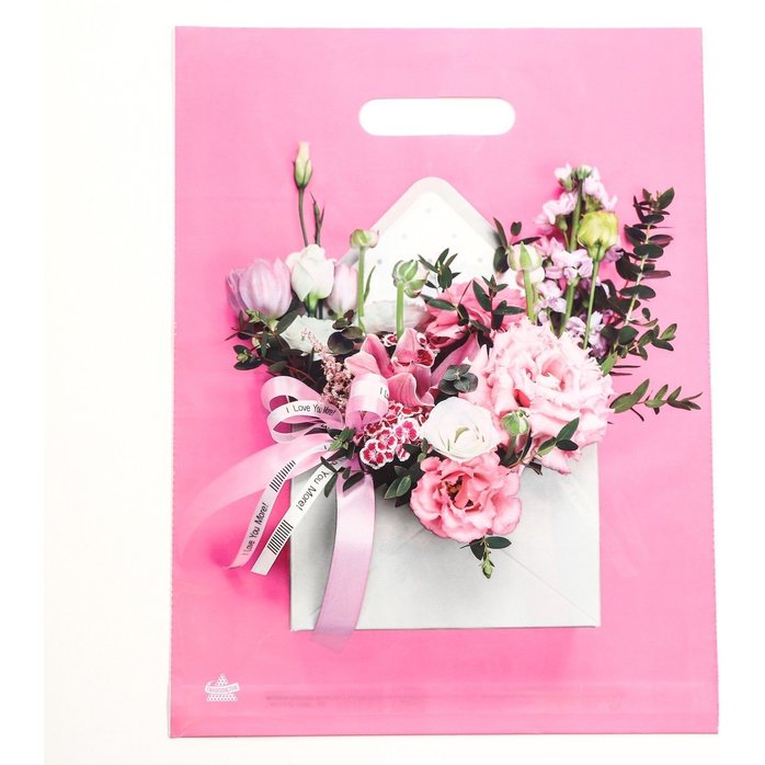 Розовый пакет с цветочным принтом и вырубной ручкой (40х31 см)