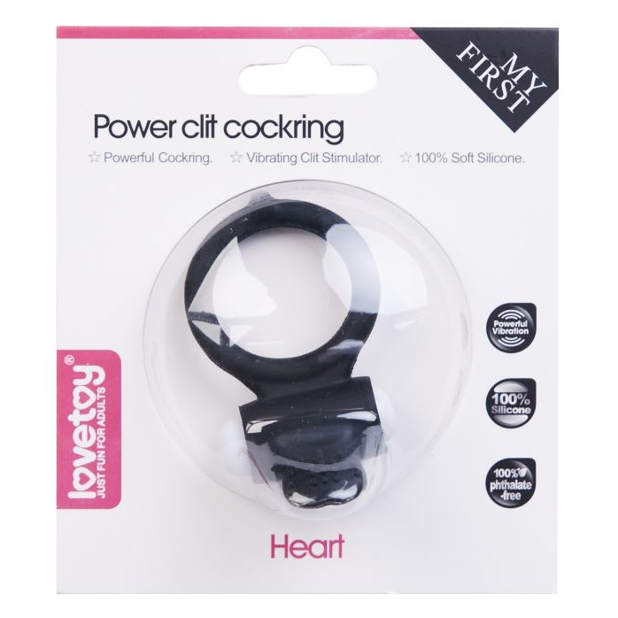 Чёрное виброкольцо для пениса Power Heart Clit Cockring