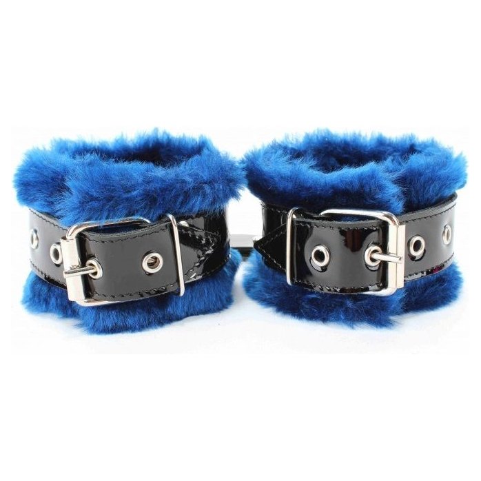 Синие меховые наручники с ремешками из лакированной кожи - BDSM Light