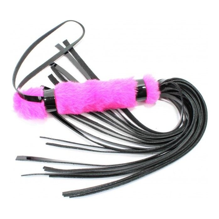 Черная лаковая плеть с розовой меховой рукоятью - 44 см - BDSM Light