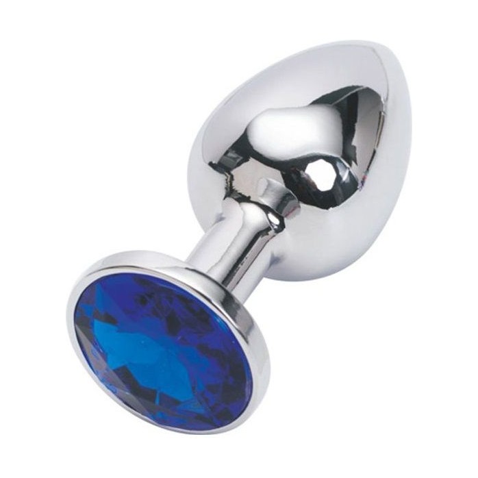 Серебряная металлическая анальная пробка с синим стразиком - 7,6 см