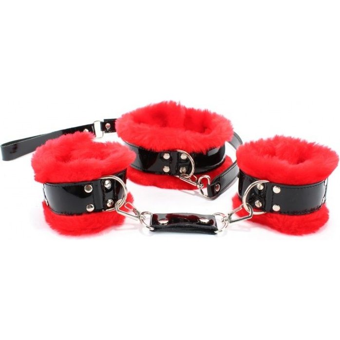 Черно-красные меховые наручники и ошейник с поводком - BDSM Light