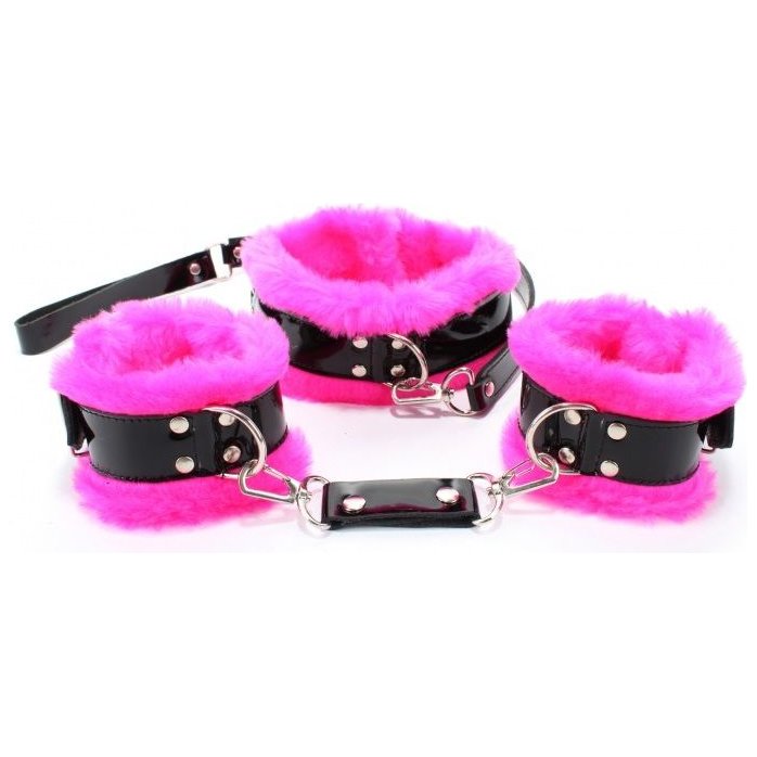 Черно-розовые меховые наручники и ошейник с поводком - BDSM Light