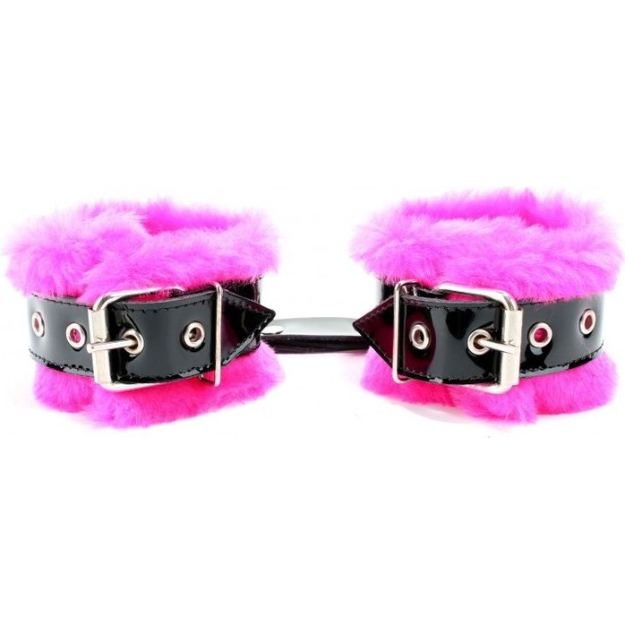 Розовые меховые наручники с ремешками из лакированной кожи - BDSM Light