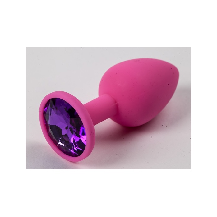 Розовая силиконовая анальная пробка с фиолетовым стразом - 7,1 см