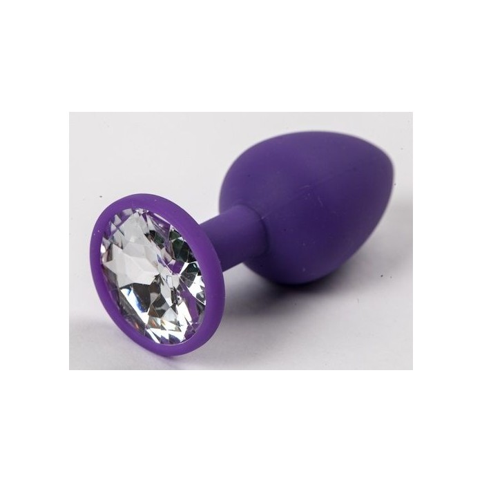 Фиолетовая силиконовая анальная пробка с прозрачным стразом - 7,1 см