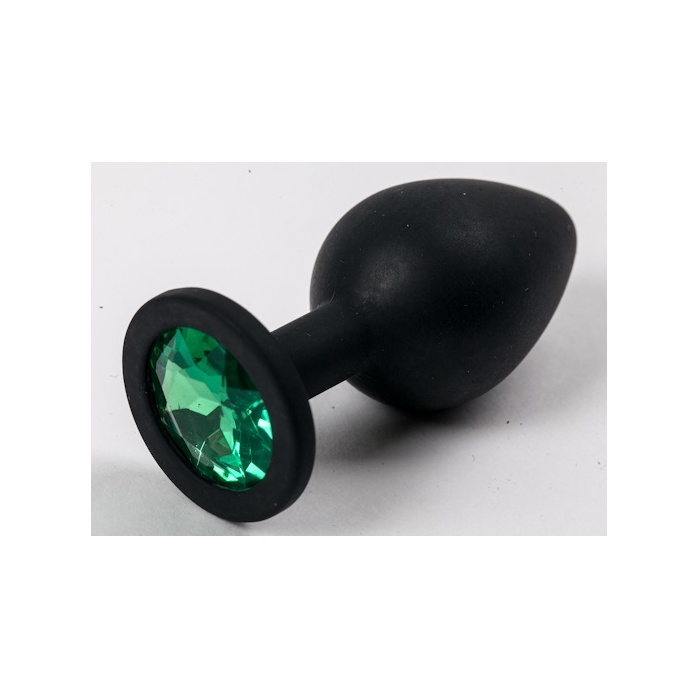 Черная силиконовая анальная пробка с зеленым стразом - 8,2 см