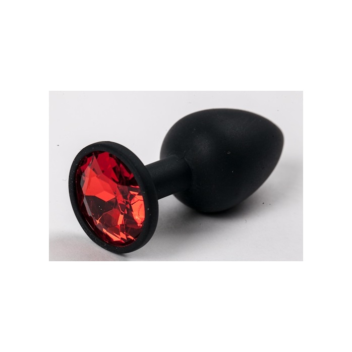 Черная силиконовая анальная пробка с красным стразом - 7,1 см