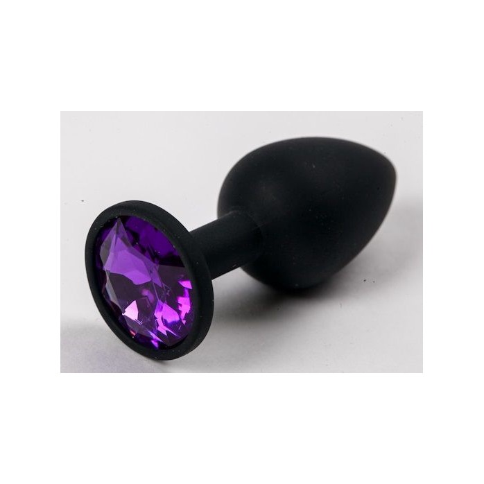 Черная силиконовая анальная пробка с фиолетовым стразом - 7,1 см