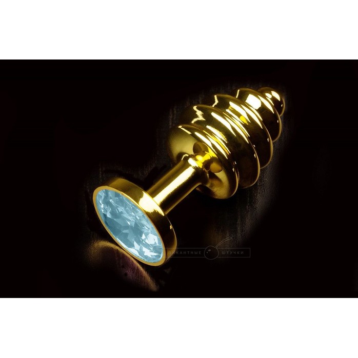 Маленькая золотистая витая пробка с голубым кристаллом - 7,5 см