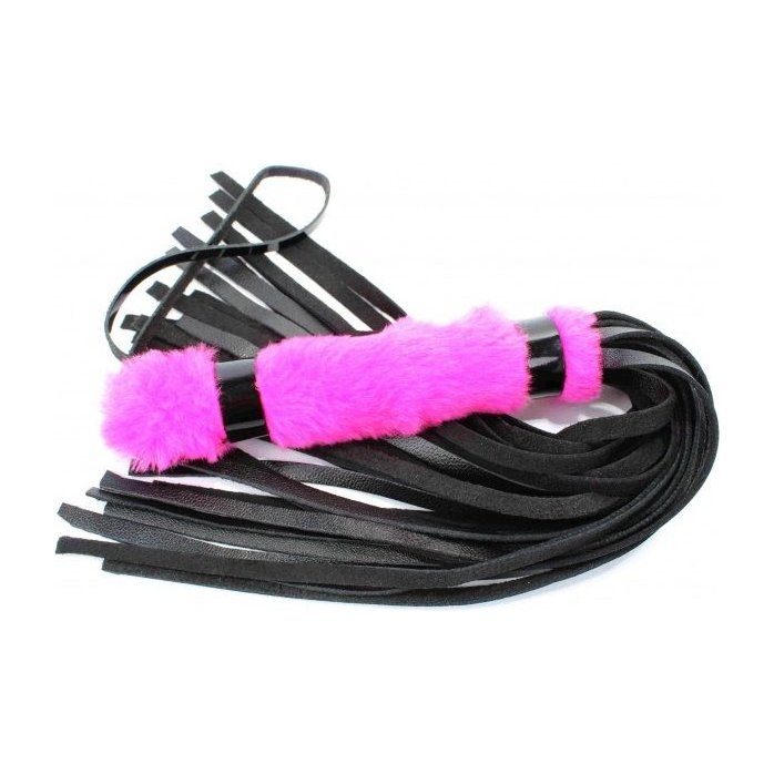 Черная плеть с розовой меховой рукоятью - 44 см - BDSM Light