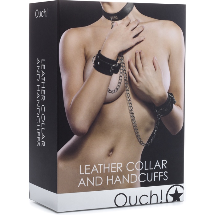 Чёрный комплект для бондажа Leather Collar and Handcuffs - Ouch!. Фотография 2.