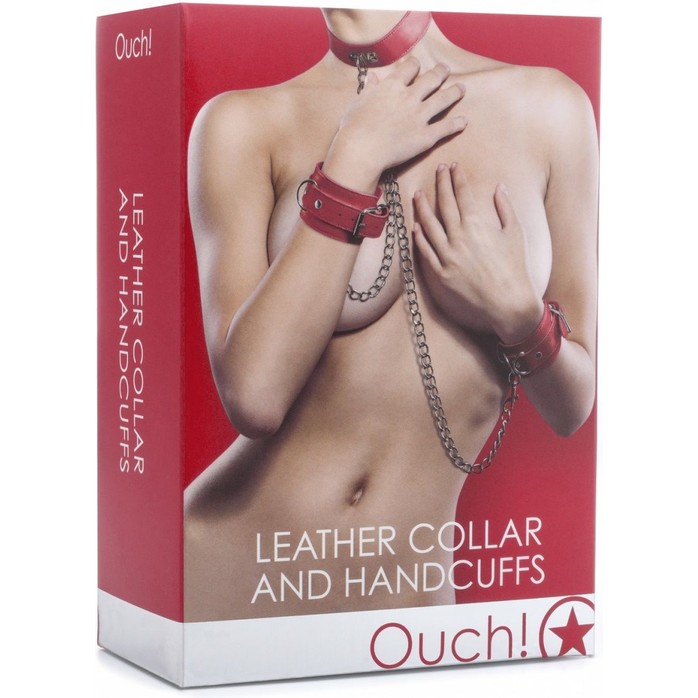 Красный комплект для бондажа Leather Collar and Handcuffs - Ouch!. Фотография 2.