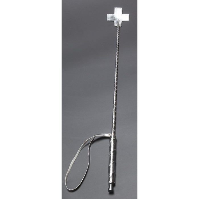 Серебристый стек с наконечником-крестом из искусственной кожи - 70 см - BDSM accessories