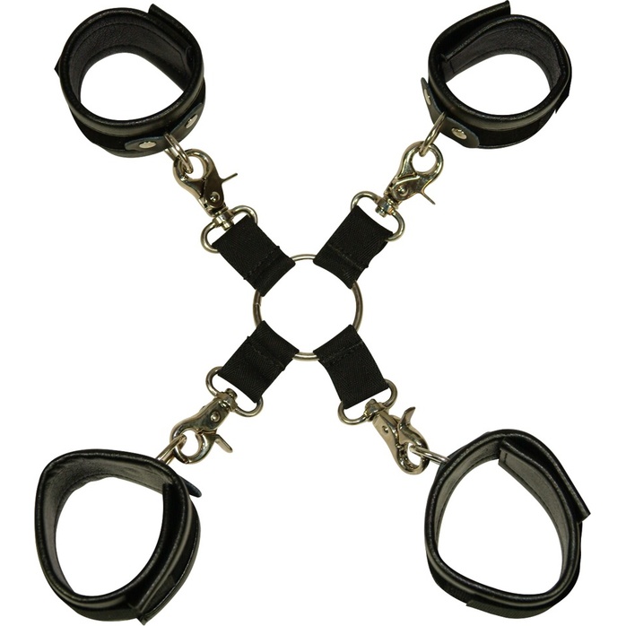 Чёрная бондажная фиксация: крестовина, наручники и оковы - Bad Kitty