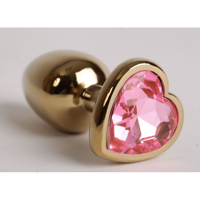 Золотистая анальная пробка с розовым стразиком-сердечком - 7,5 см