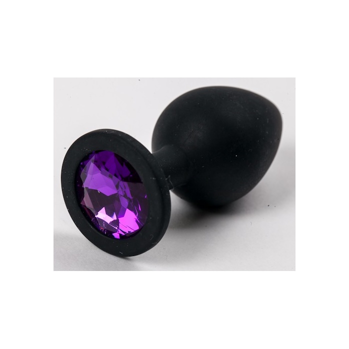 Черная силиконовая анальная пробка с фиолетовым кристаллом - 9,5 см