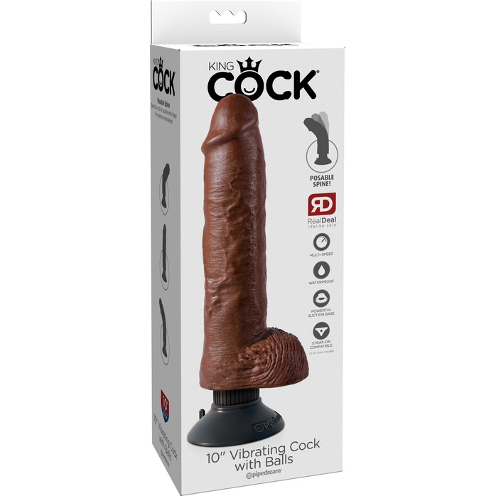 Коричневый вибратор-гигант со съёмной присоской 10 Vibrating Cock with Balls - 25,4 см - King Cock. Фотография 7.