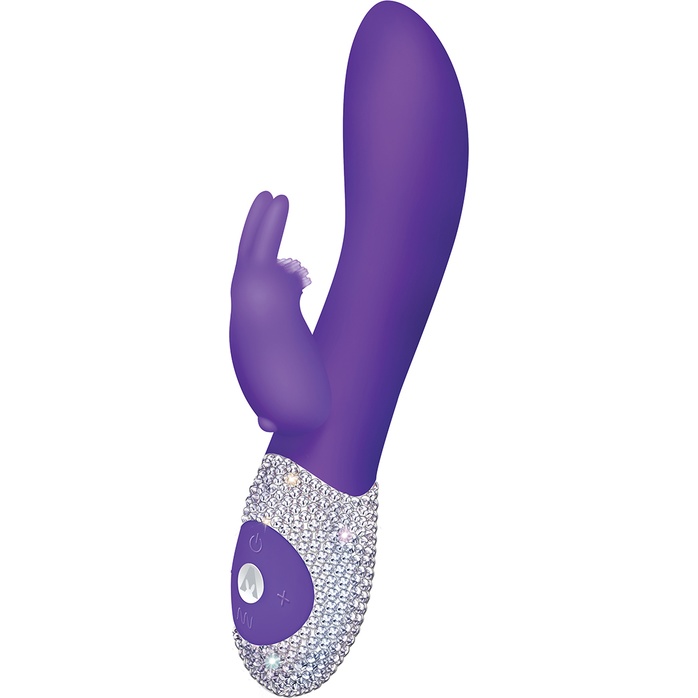 Фиолетовый вибромассажёр с клиторальным отростком и отделанной стразами рукоятью The Classic Rabbit - 22 см
