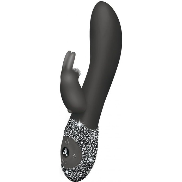 Чёрный вибромассажёр с клиторальным отростком и отделанной стразами рукоятью The Classic Rabbit - 22 см