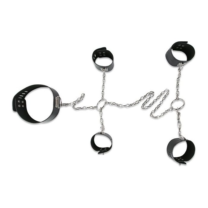 Набор для фиксации: наручники, оковы и ошейник, соединённые цепями и кольцами. Фотография 3.