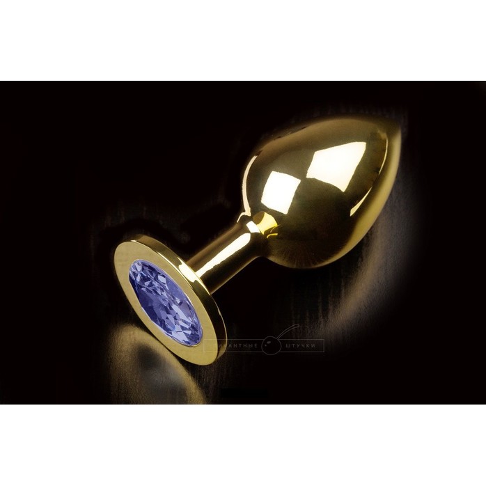 Большая золотая анальная пробка с закругленным кончиком и синим кристаллом - 9 см