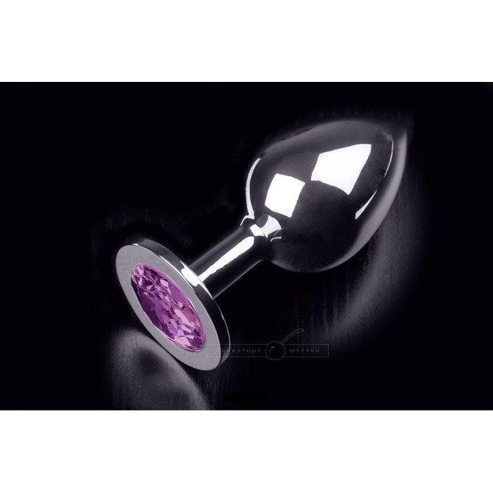 Большая серебристая анальная пробка с круглым кончиком и ярким фиолетовым кристаллом - 9 см
